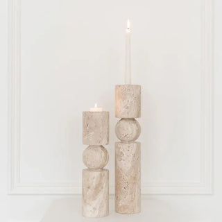 Travertine Stone Candle Holders  / Dual Taper Holder + Tealight